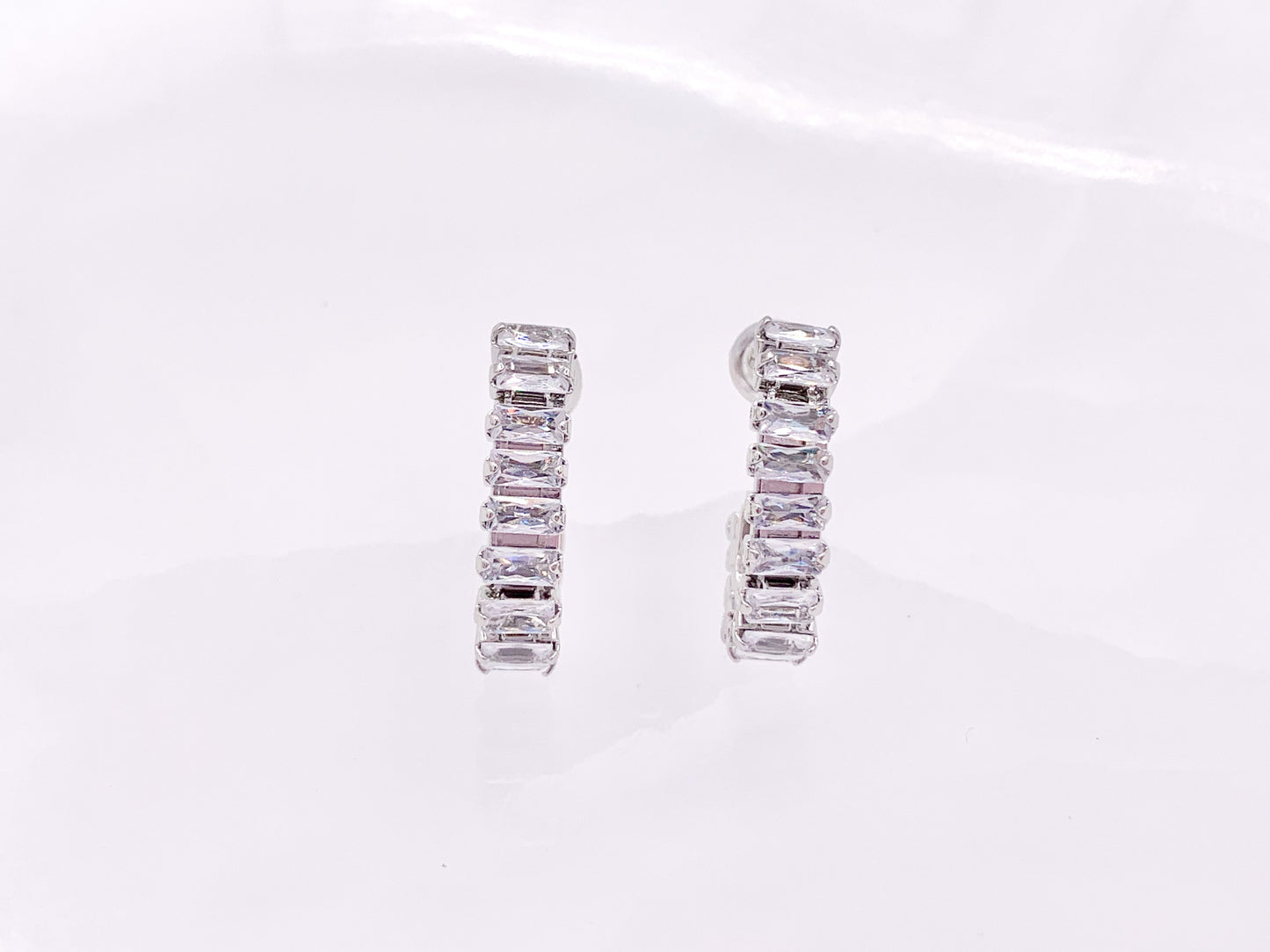 Trendsetting Unique Curve Link CZ Pave Baguette Hoop Earrings in 18K Gold or Silver Plated Copper 4 pairs