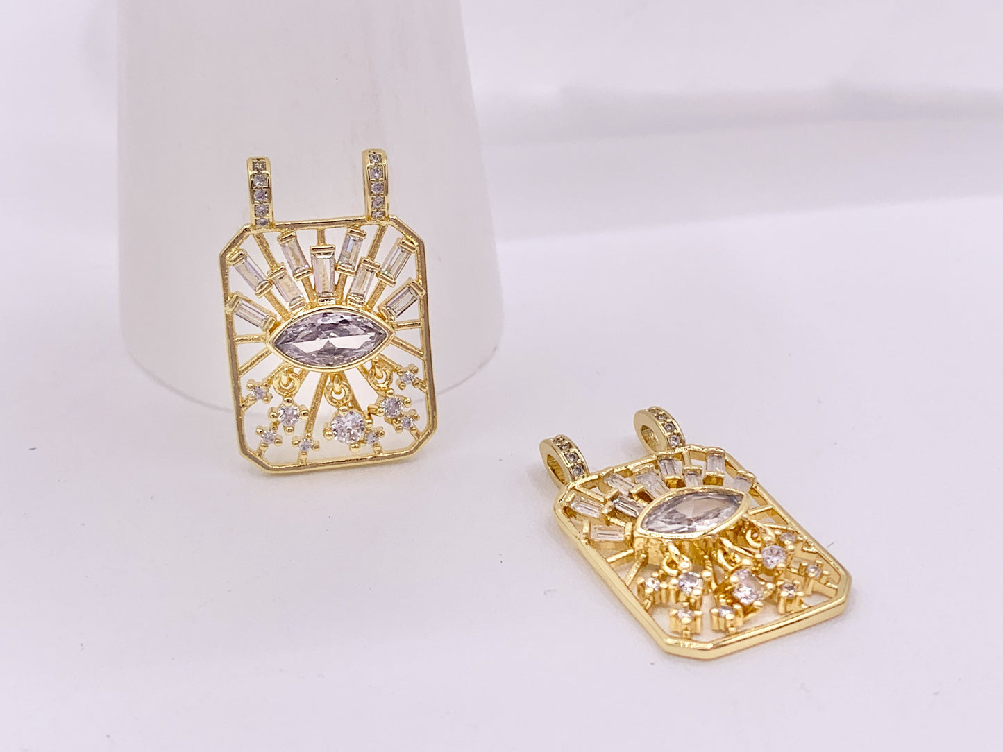 Eye Catching Evil Eye Designed Rectangle Pendants with CZ Pave in 18K Gold Plated Copper 5 pcs