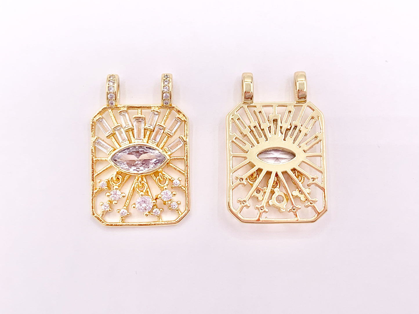 Eye Catching Evil Eye Designed Rectangle Pendants with CZ Pave in 18K Gold Plated Copper 5 pcs