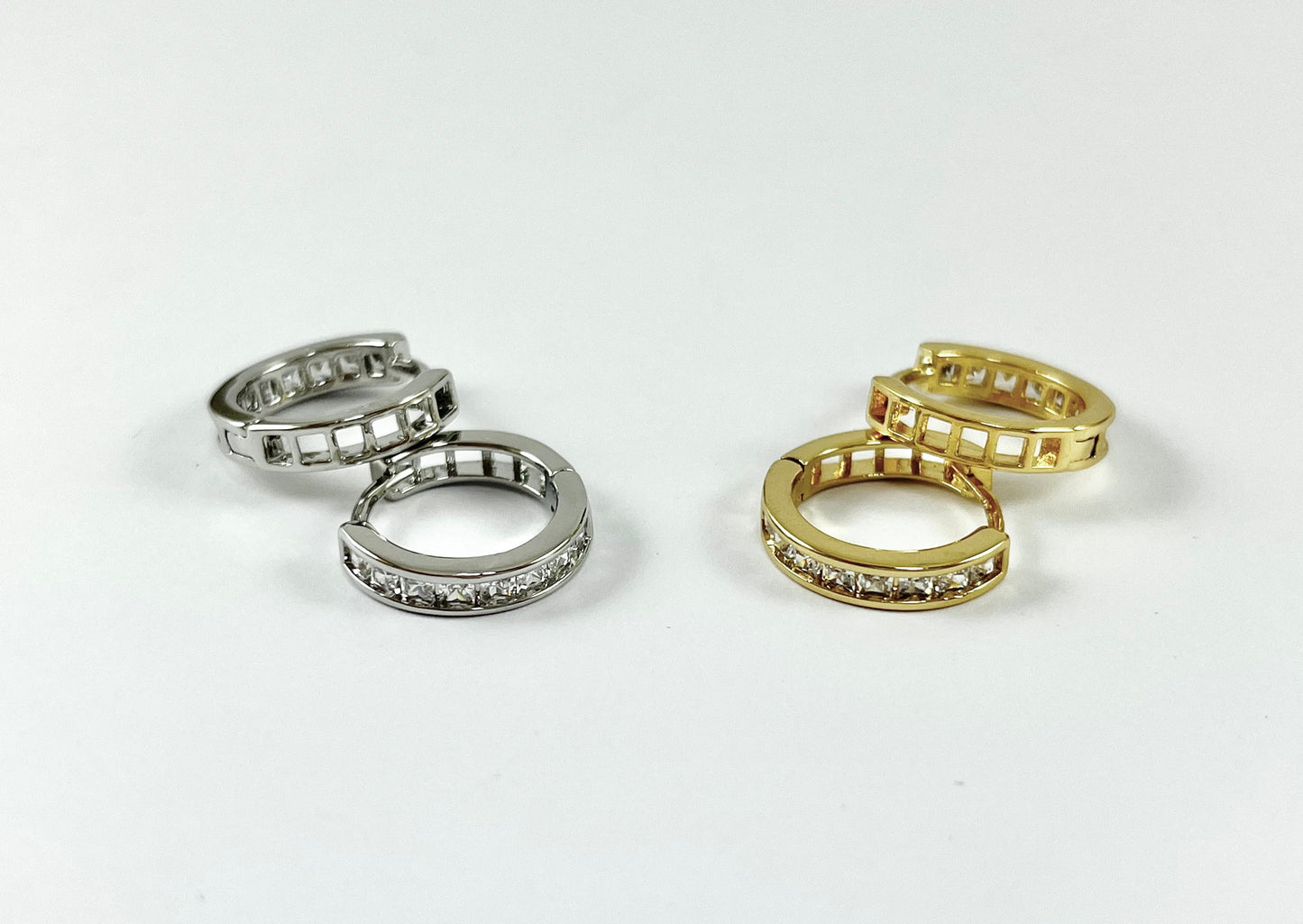 Minimalist Gold Silver CZ Pave Baguette Huggies Real Gold 18K Plated Circle Smooth Earring Huggies 5 pairs