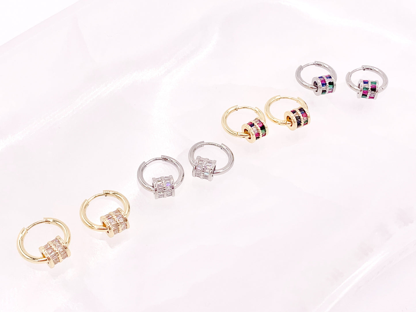 Trendsetting Gorgeous Cubic Zirconia Barrel Beads Large Hole Bead Dangle Earring Huggies in 18K Gold/Silver Plated Copper 3 pairs