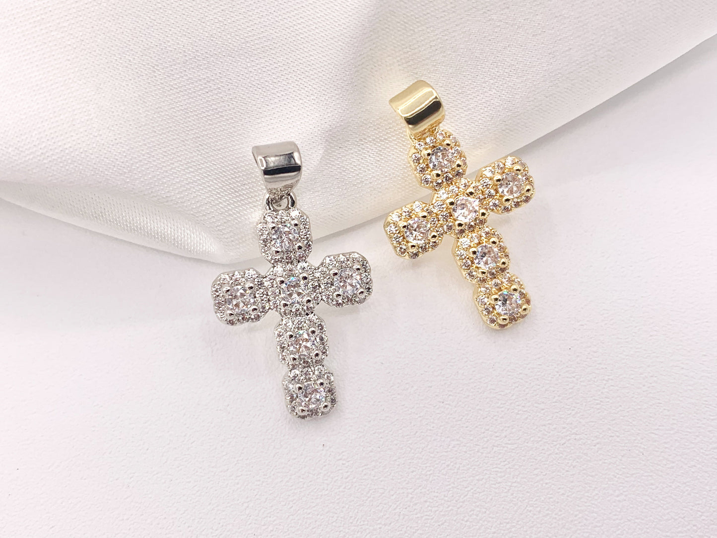 Whimsical Gold Cross Pendants with Beautiful CZ Pave in 18K Gold Silver plated Copper 5 pcs