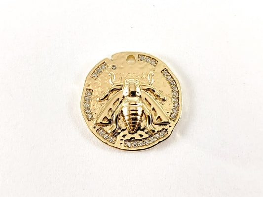 Real Gold 18K Plated Micro CZ Pave Bee Coin Pendant Over Copper 6pcs