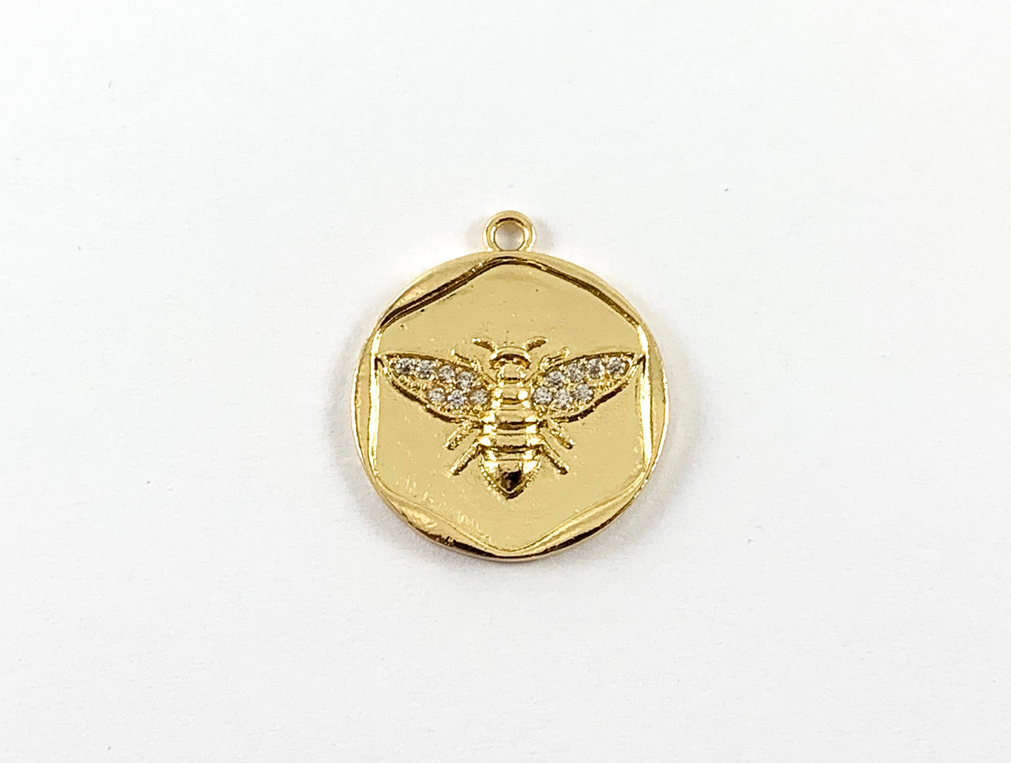 Real Gold 18K Plated CZ Pave Coin Bumble Bee Charm Pendant Over Brass 8pcs