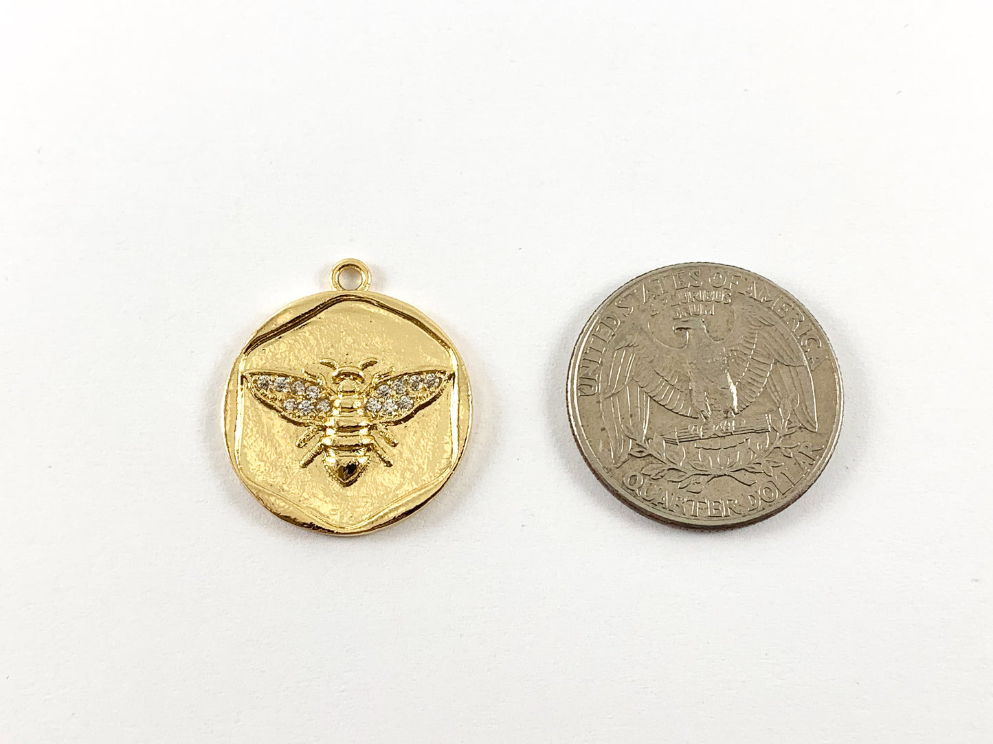Real Gold 18K Plated CZ Pave Coin Bumble Bee Charm Pendant Over Brass 8pcs