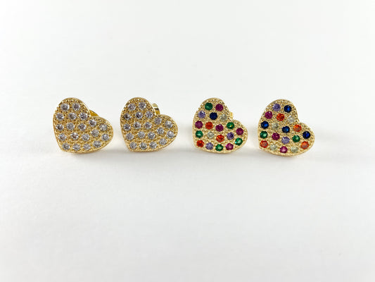 18K Gold Plated Copper Multi Clear CZ Pave Heart Studs 4pairs