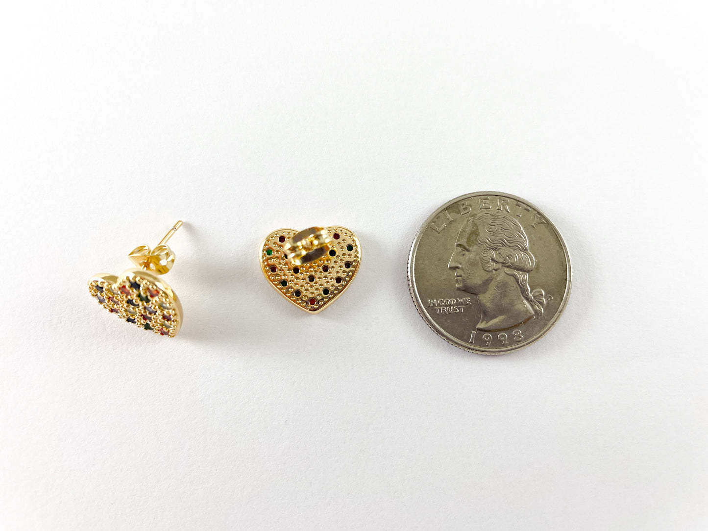 18K Gold Plated Copper Multi Clear CZ Pave Heart Studs 4pairs