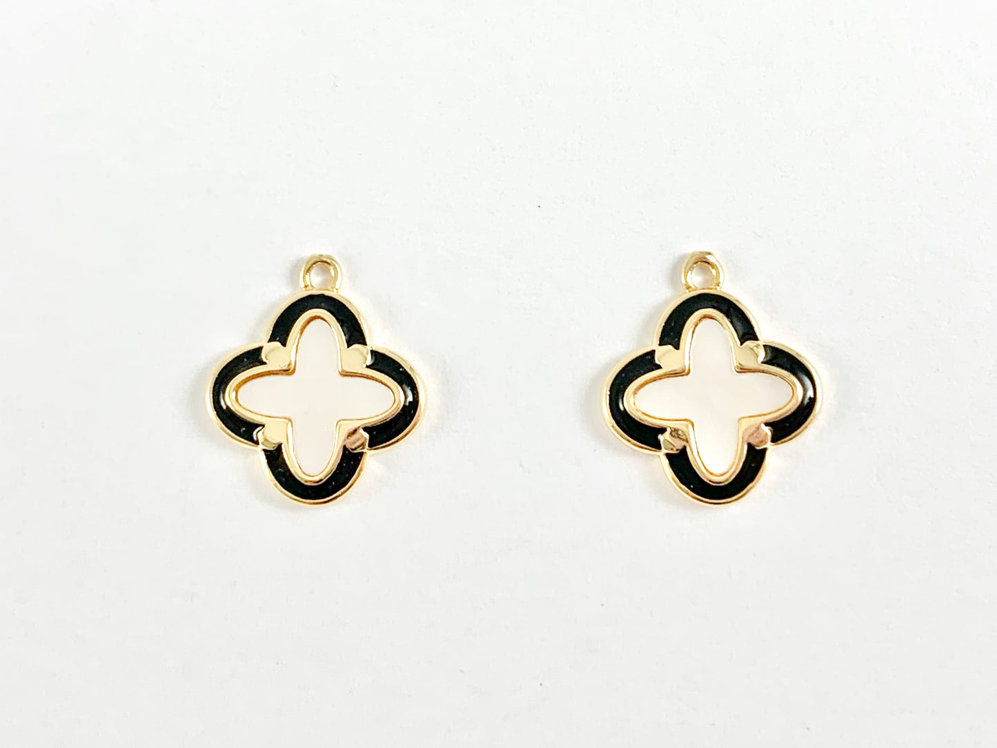 Gold Clover Charms in Shell Black Enamel Trim 18K Gold plated Copper 6 pcs