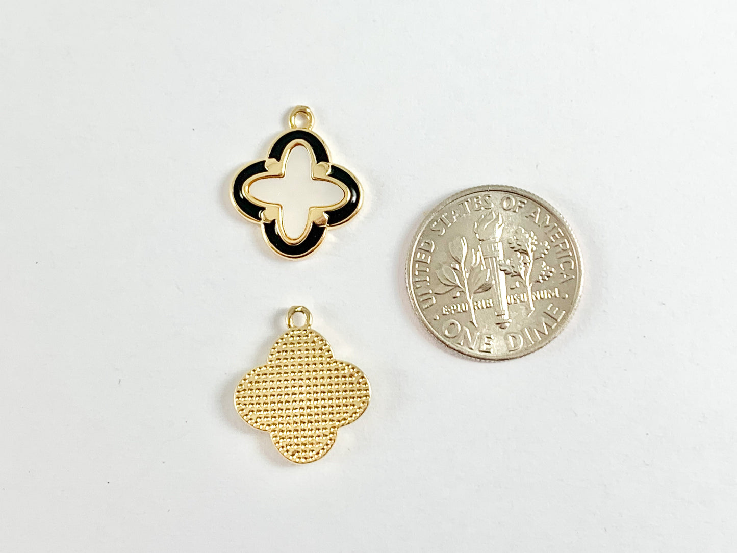 Gold Clover Charms in Shell Black Enamel Trim 18K Gold plated Copper 6 pcs