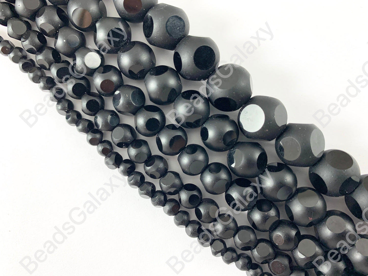 Black Disco Polka Dot Glass Beads - Faceted Round Matte Glass Around 15 inch Strands