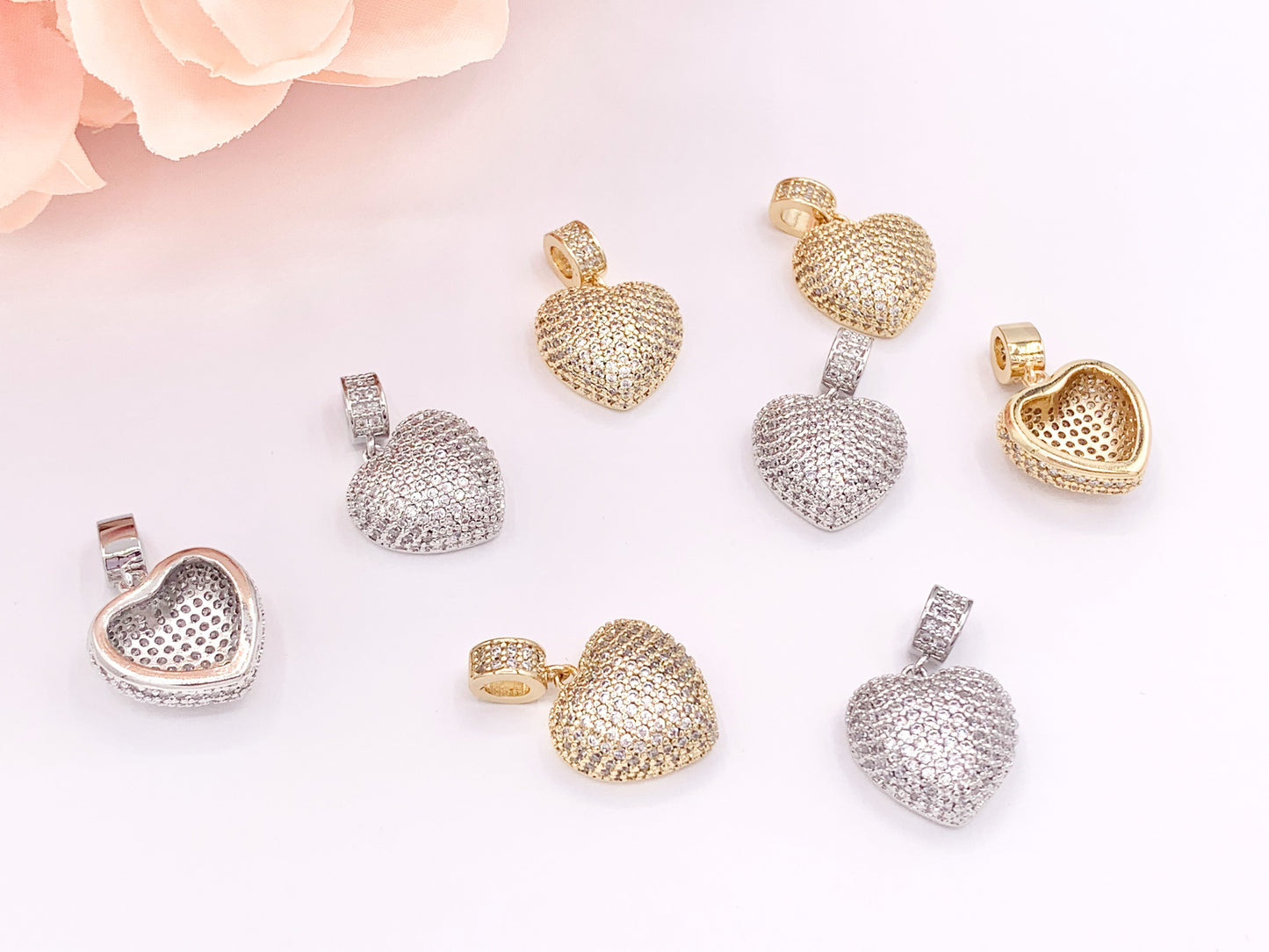 Bold Statement Heart Pendant Charms Rhinestone CZ Pave Designed in 18K Gold or Silver Plated Copper 4 pcs