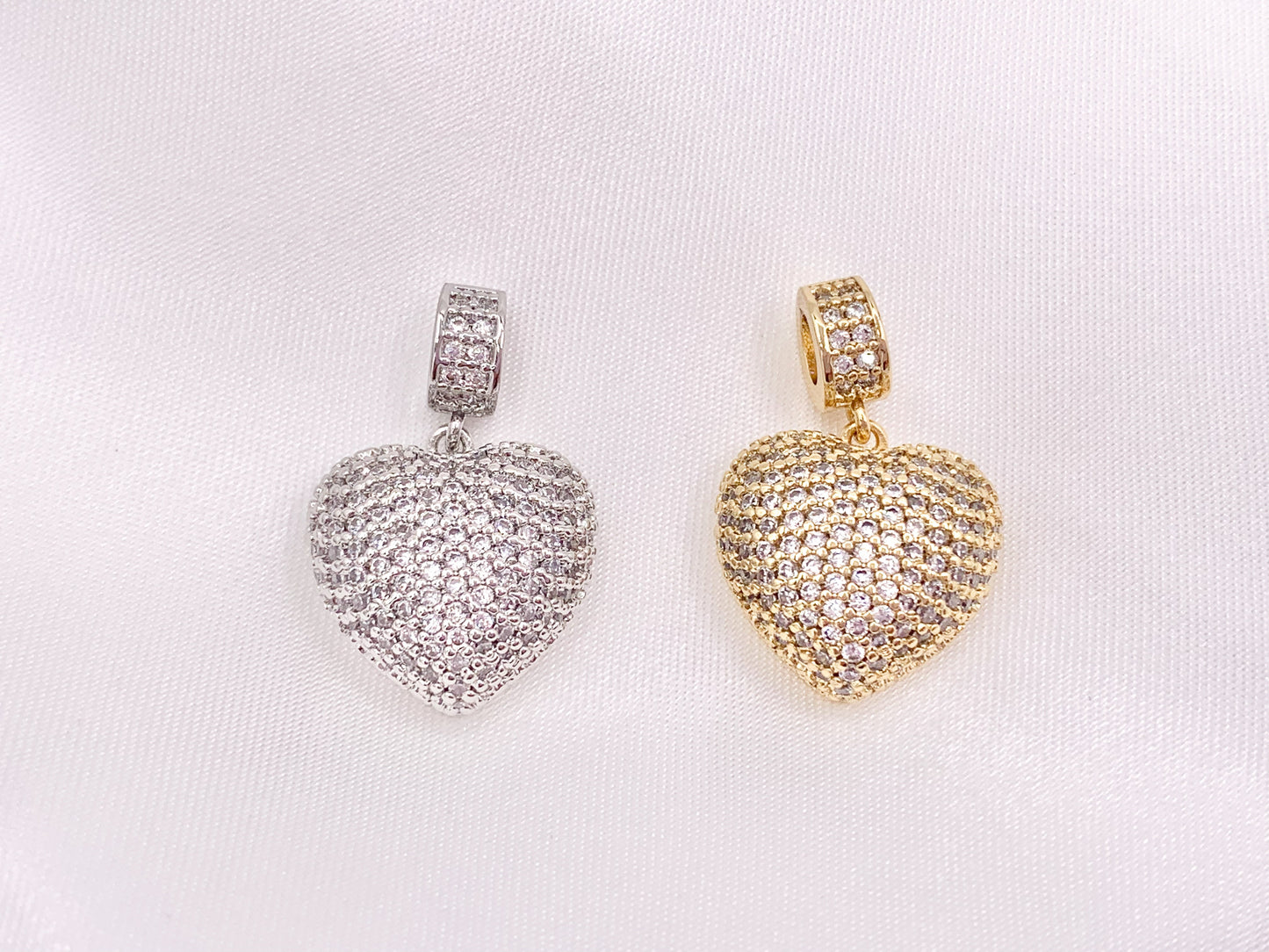Bold Statement Heart Pendant Charms Rhinestone CZ Pave Designed in 18K Gold or Silver Plated Copper 4 pcs
