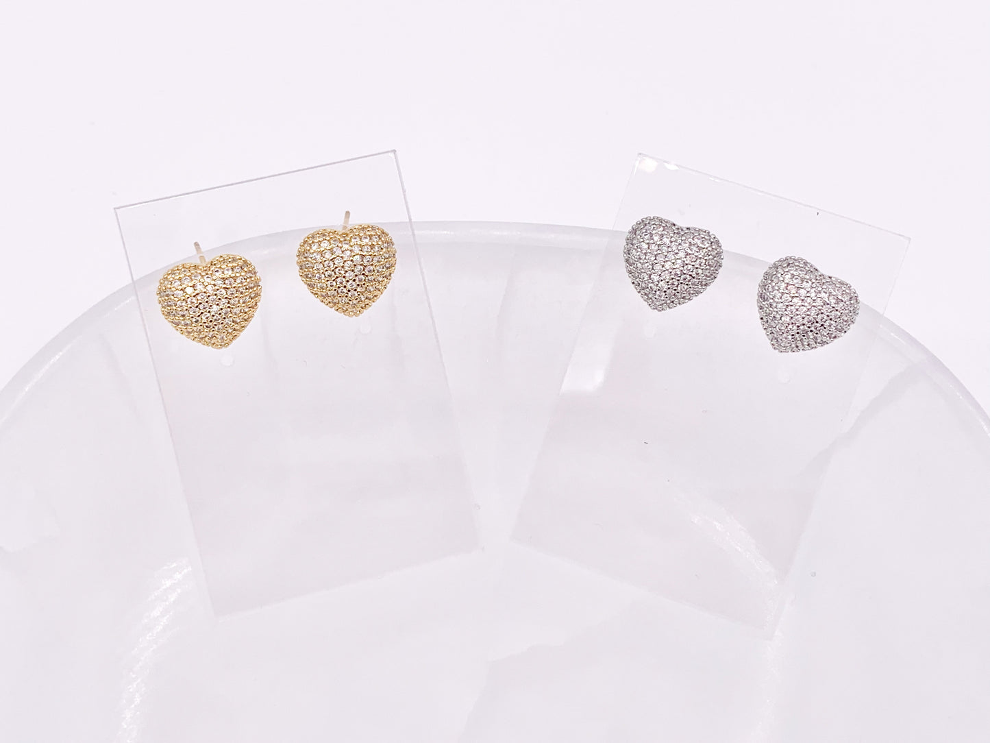Bold Statement Heart Earring Studs in Rhinestone CZ Pave Designed in 18K Gold or Silver Plated Copper 3 pairs