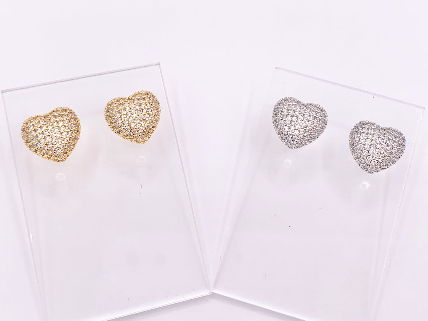Bold Statement Heart Earring Studs in Rhinestone CZ Pave Designed in 18K Gold or Silver Plated Copper 3 pairs