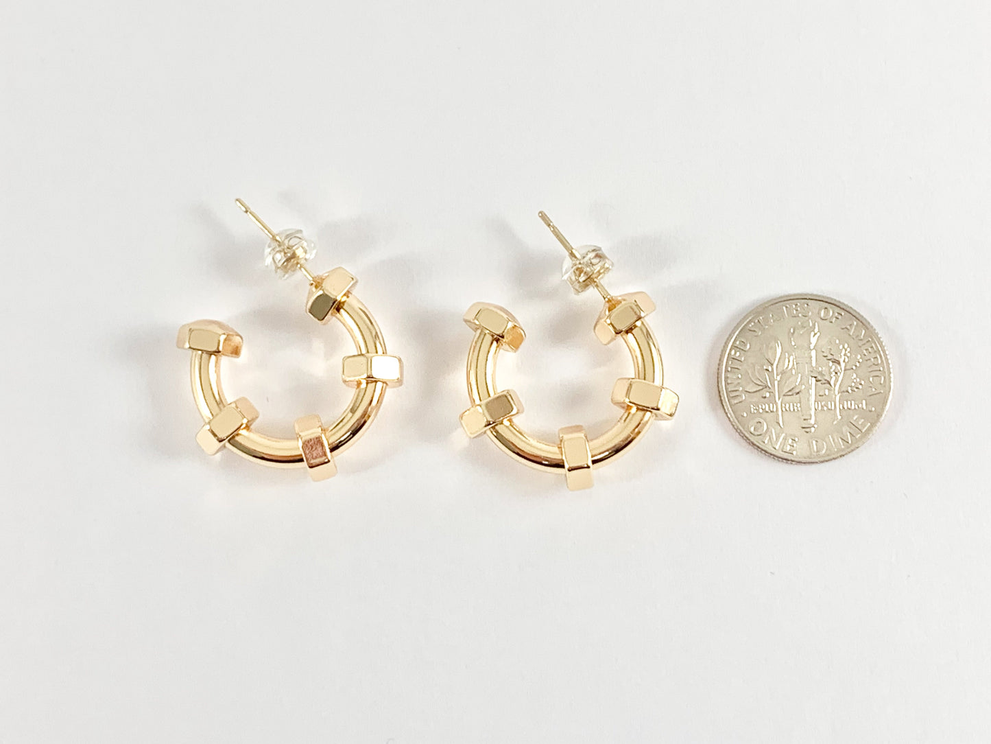 Screw Nut Bolt Style Earring Hoops in 18K Gold Plated Copper 3 pairs