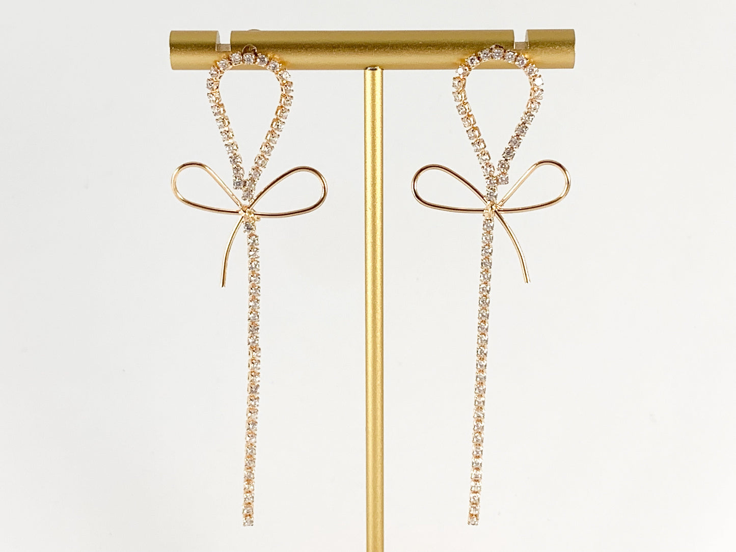 Real 18K Gold or Silver Plated CZ Pave Long Dainty Bowtie Box Chain Tennis Chain Earring Over Copper 1 pair