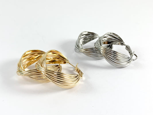 Real 18K Gold/Platinum Plated Bowtie Textured Twist Hoop Earring Over Copper 3 pairs