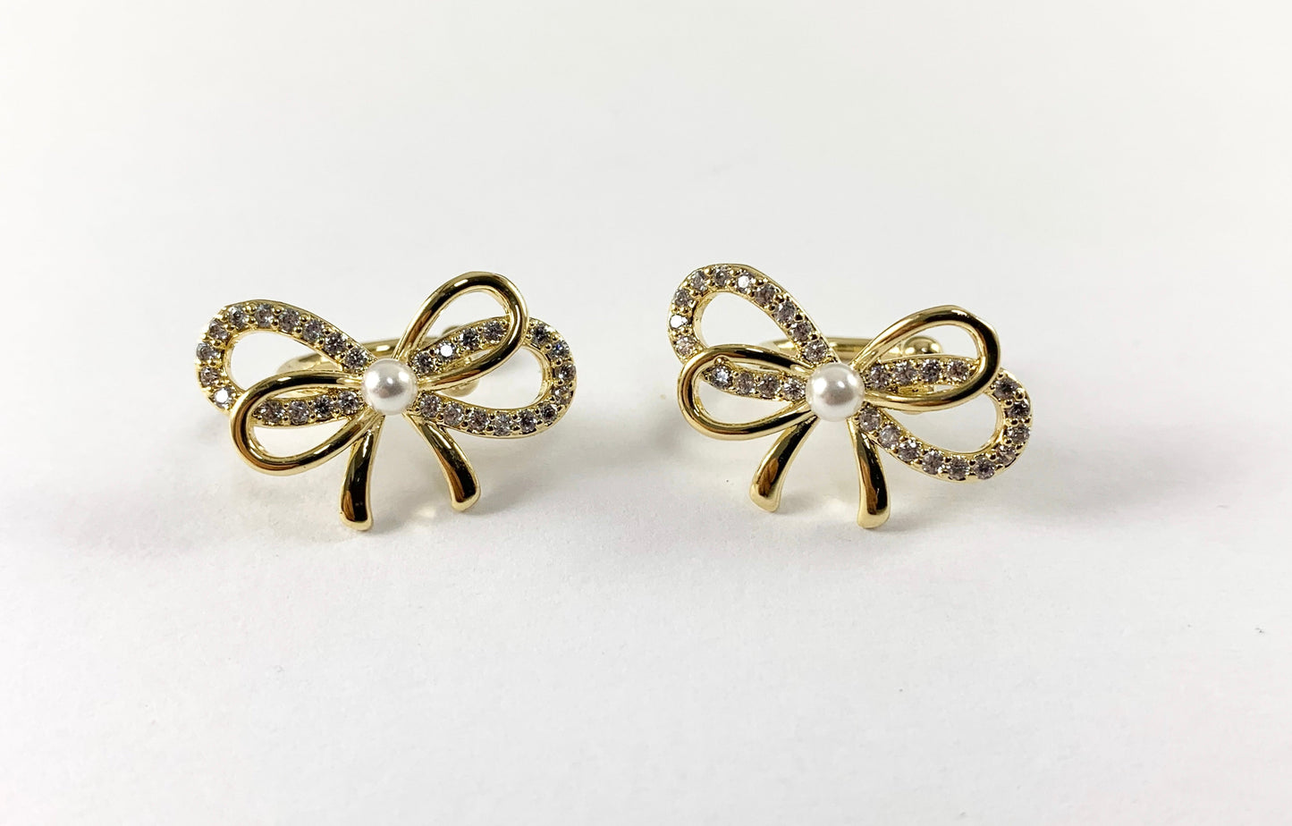 Real Gold 18K Plated Brass Glass Pearl CZ Pave Bowtie Ear Cuffs (No Piercing!!) 5pcs
