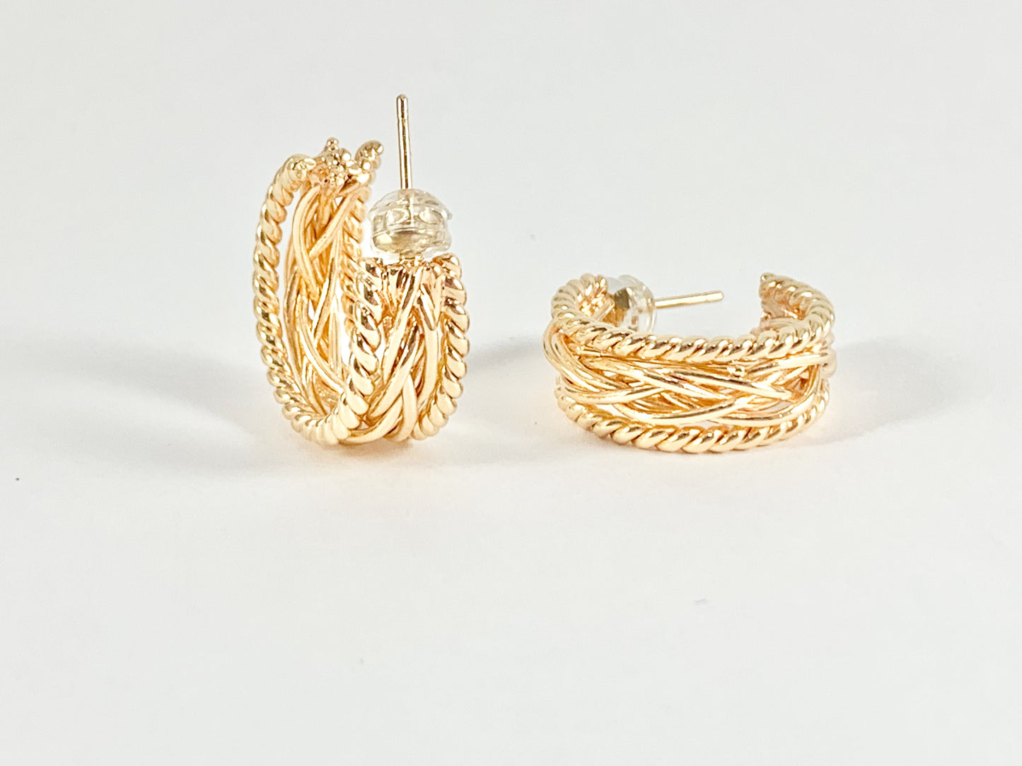 Delicately Braided Twisted Earring Hoops in 18K Gold Plated Copper 3 pairs