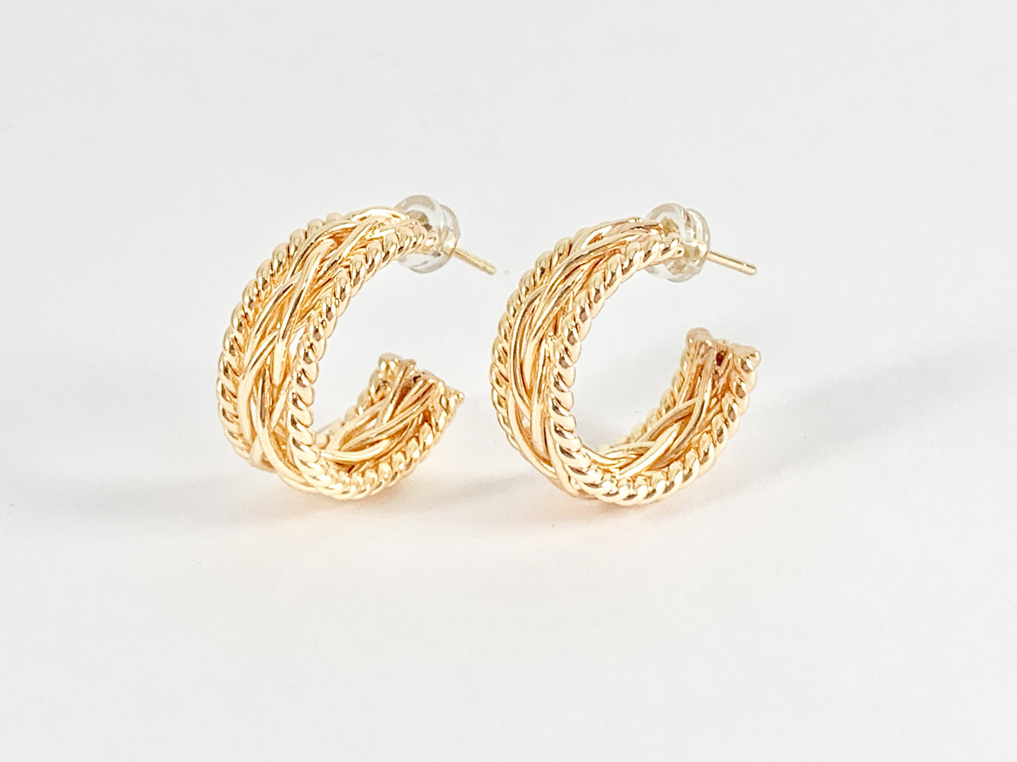 Delicately Braided Twisted Earring Hoops in 18K Gold Plated Copper 3 pairs