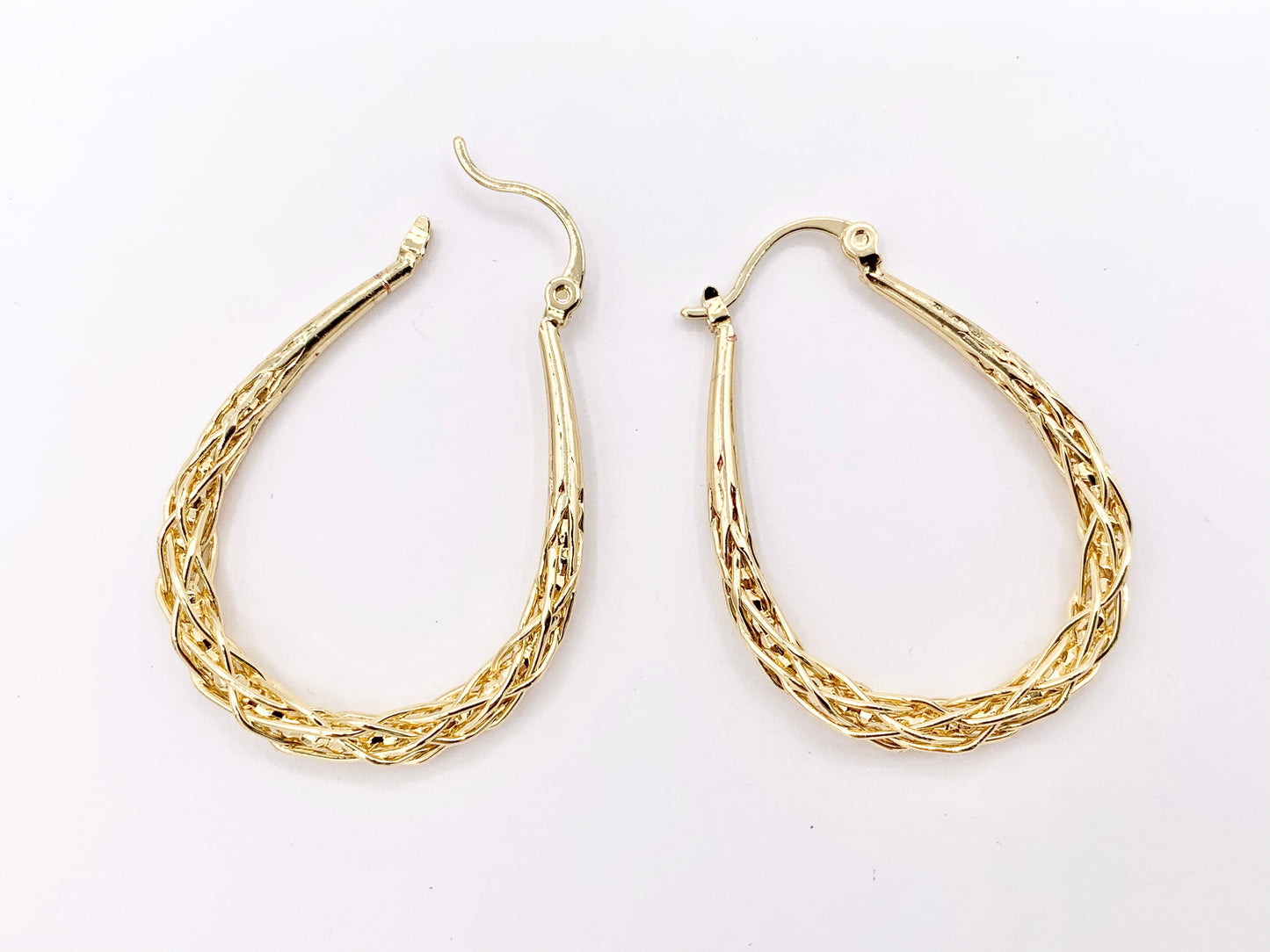 Real 18K Gold Plated Twisted Braided Teardrop Hoop Latch Back Earring Over Copper 3 pairs