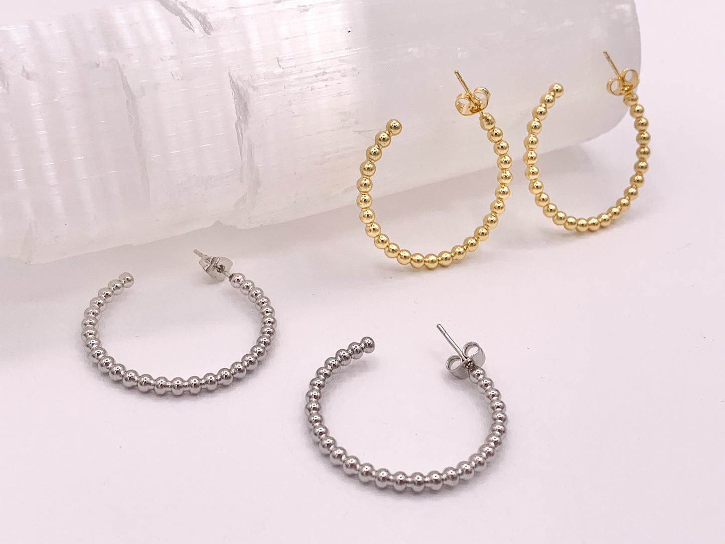 Gold or Silver Simple Soldered Beaded Bubble Dotted Hoops over 18K gold Plated Copper 5 pairs