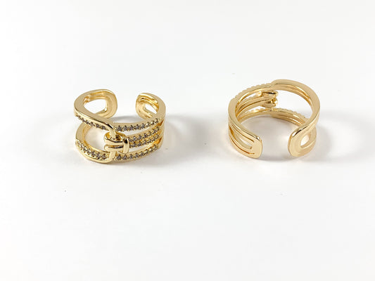 Real Gold 18K Plated Copper CZ Pave Triple Band Buckle Adjustable Ring 4 pcs