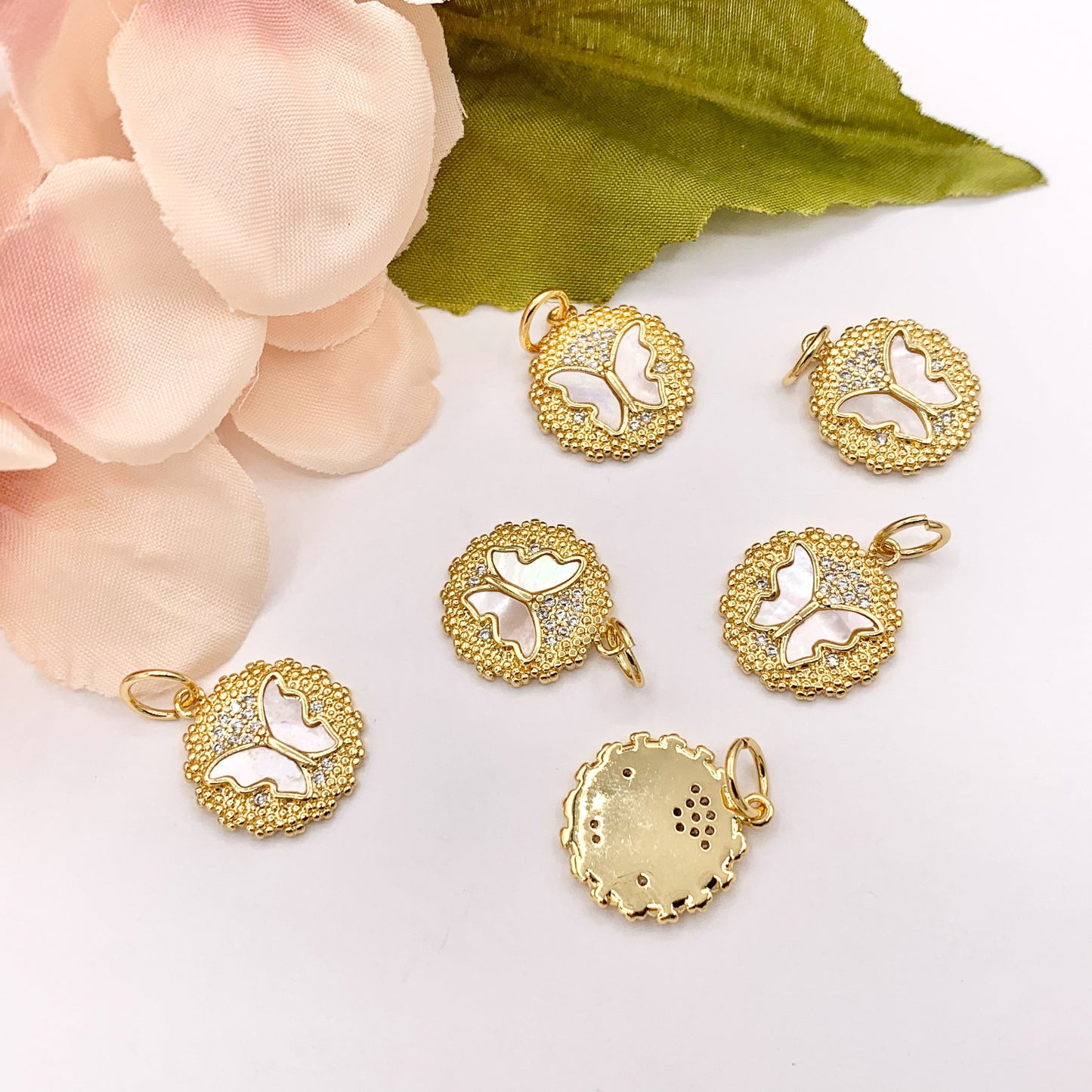 15mm Cute Shell Coin Butterfly Charm in Real Gold Plated 18K Micro CZ Pave Over Copper