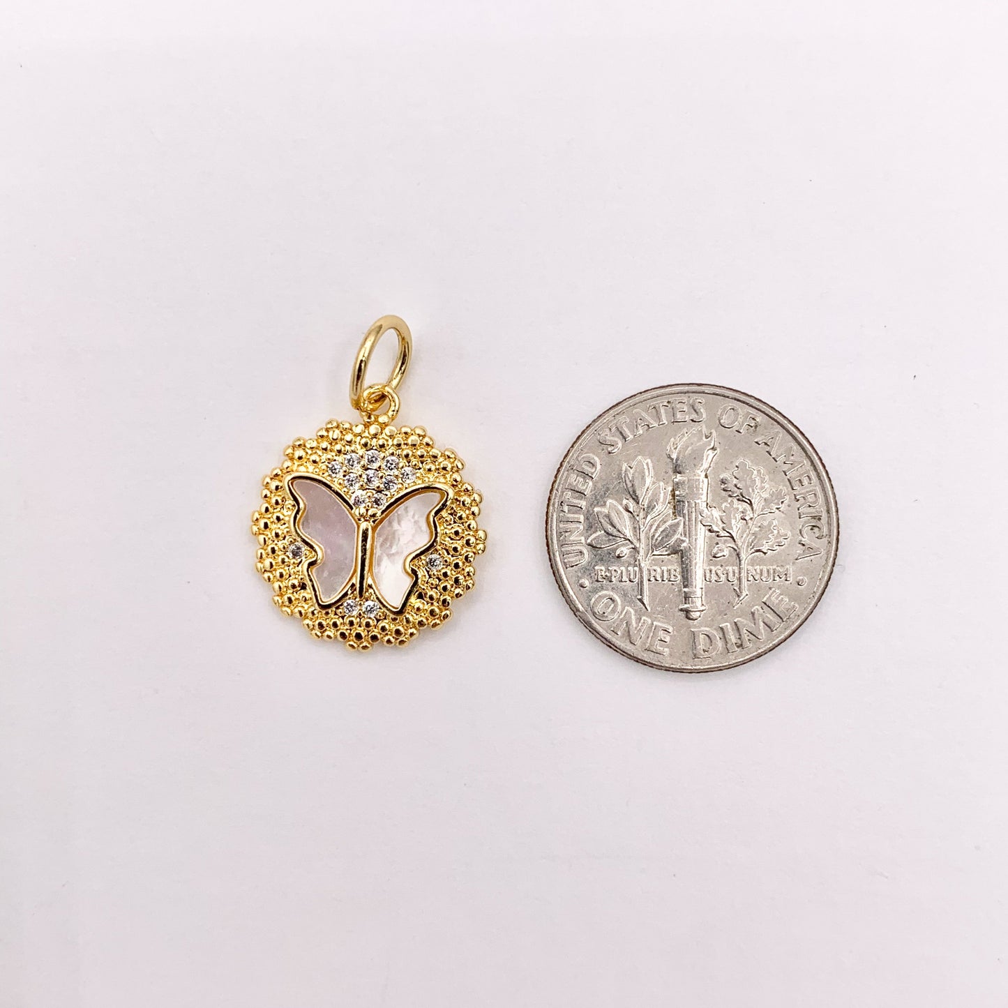 15mm Cute Shell Coin Butterfly Charm in Real Gold Plated 18K Micro CZ Pave Over Copper
