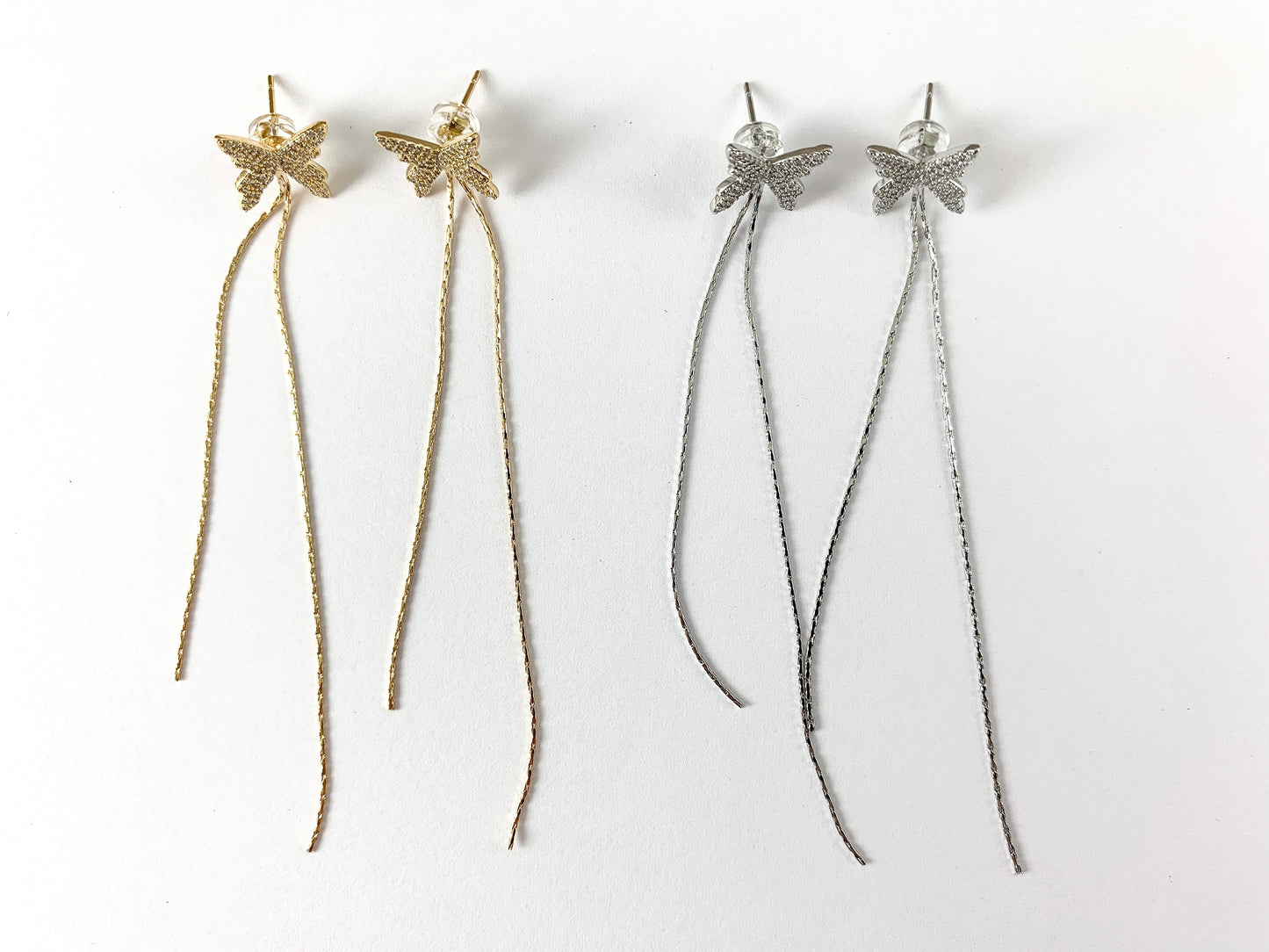 18K Gold/Platinum Plated CZ Pave Dainty Delicate Butterfly Fringe Tassel Earrings Over Copper 3pairs