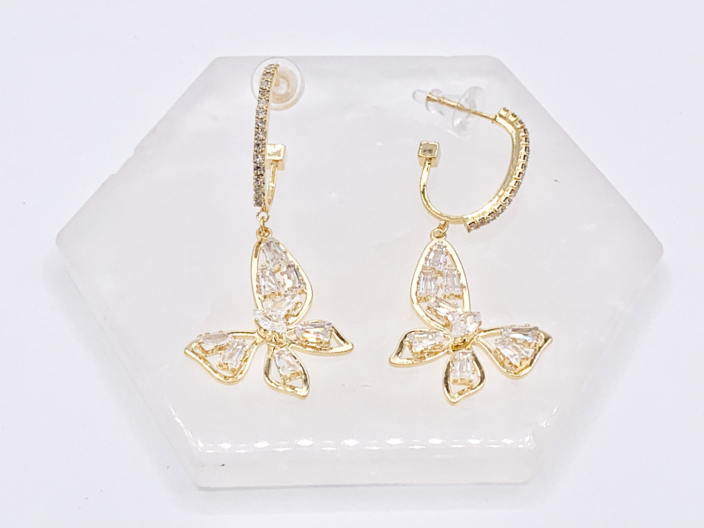 Dazzling Statement Gold CZ Butterfly Dangle Earrings in 18K Gold Plating over Copper 2 pairs