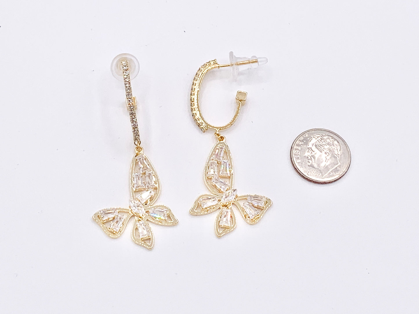 Dazzling Statement Gold CZ Butterfly Dangle Earrings in 18K Gold Plating over Copper 2 pairs