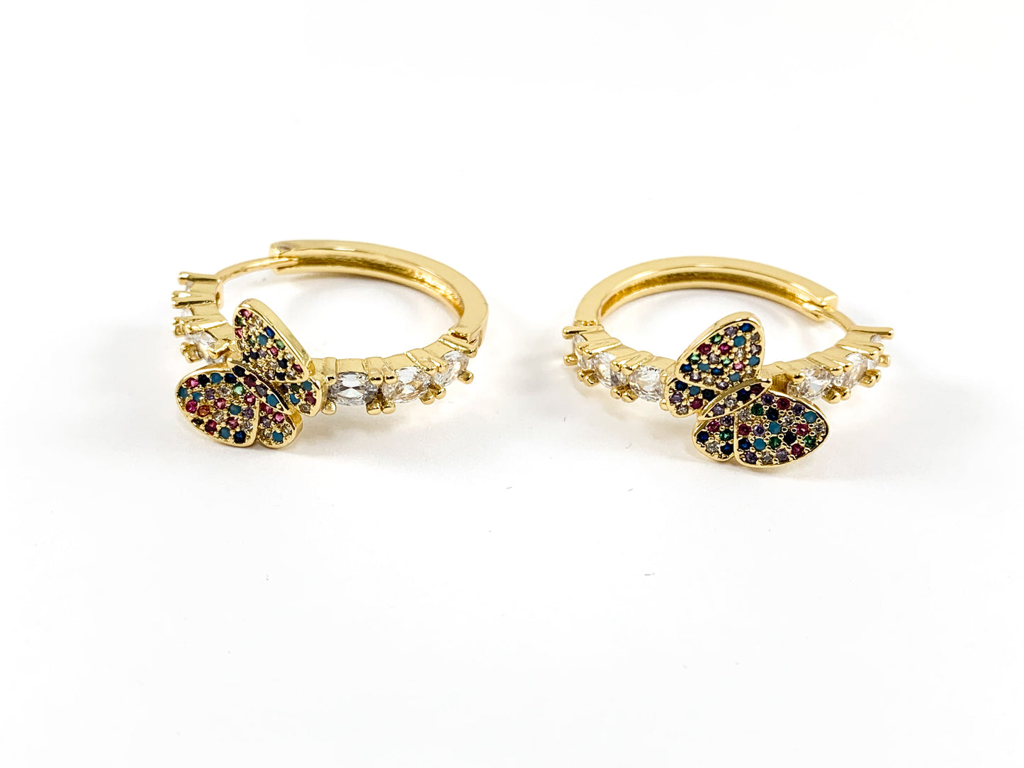 Real 18K Gold/Platinum Plated CZ Pave Butterfly Rhinestone Pretty Hoop Earring Over Copper 2 pairs