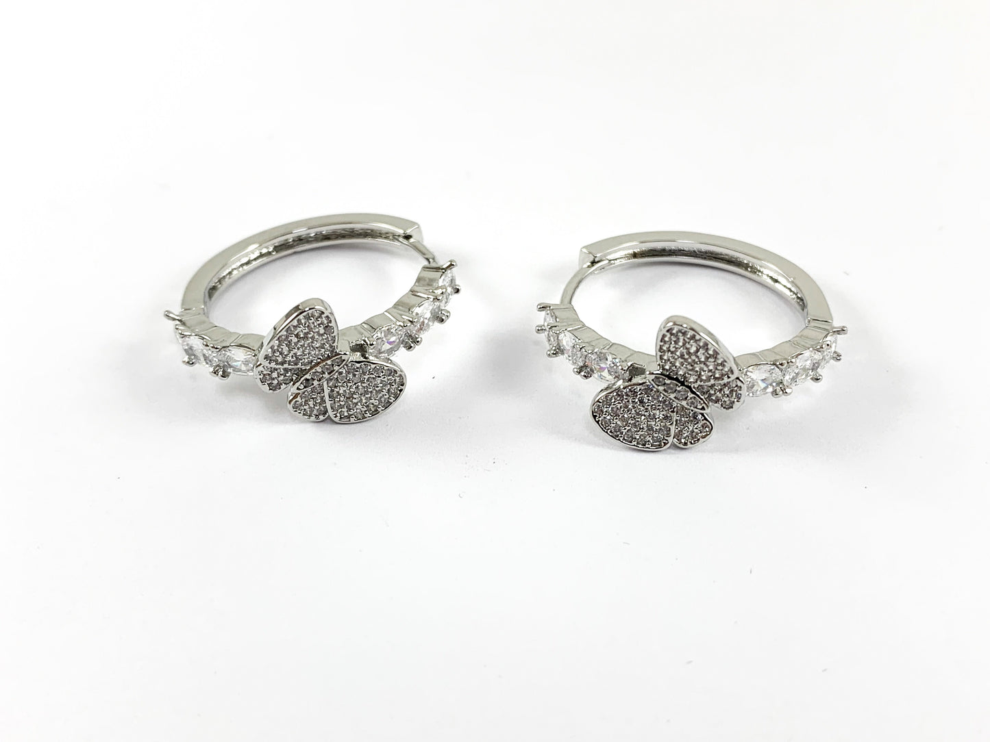 Real 18K Gold/Platinum Plated CZ Pave Butterfly Rhinestone Pretty Hoop Earring Over Copper 2 pairs