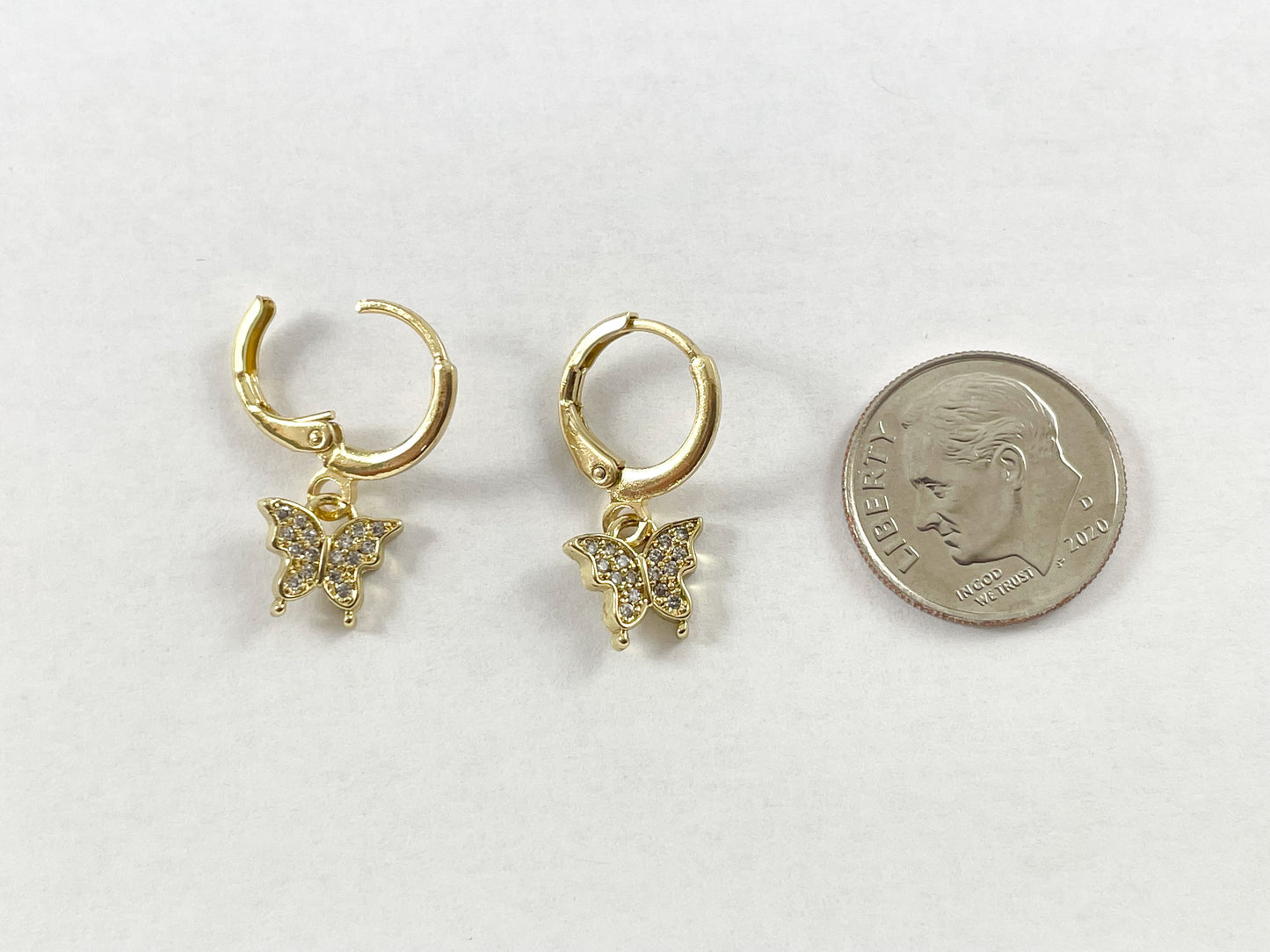 18K Gold Plated Dainty CZ Pave Butterfly Dangle Huggie Earrings 3 pairs