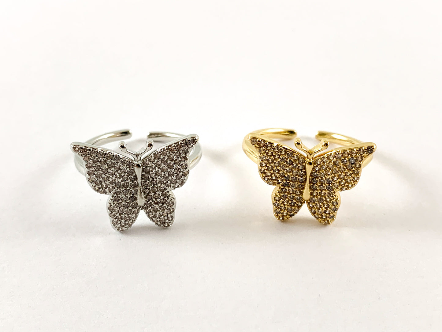 Real 18K Gold and Platinum Plated CZ Pave Adjustable Butterfly Ring