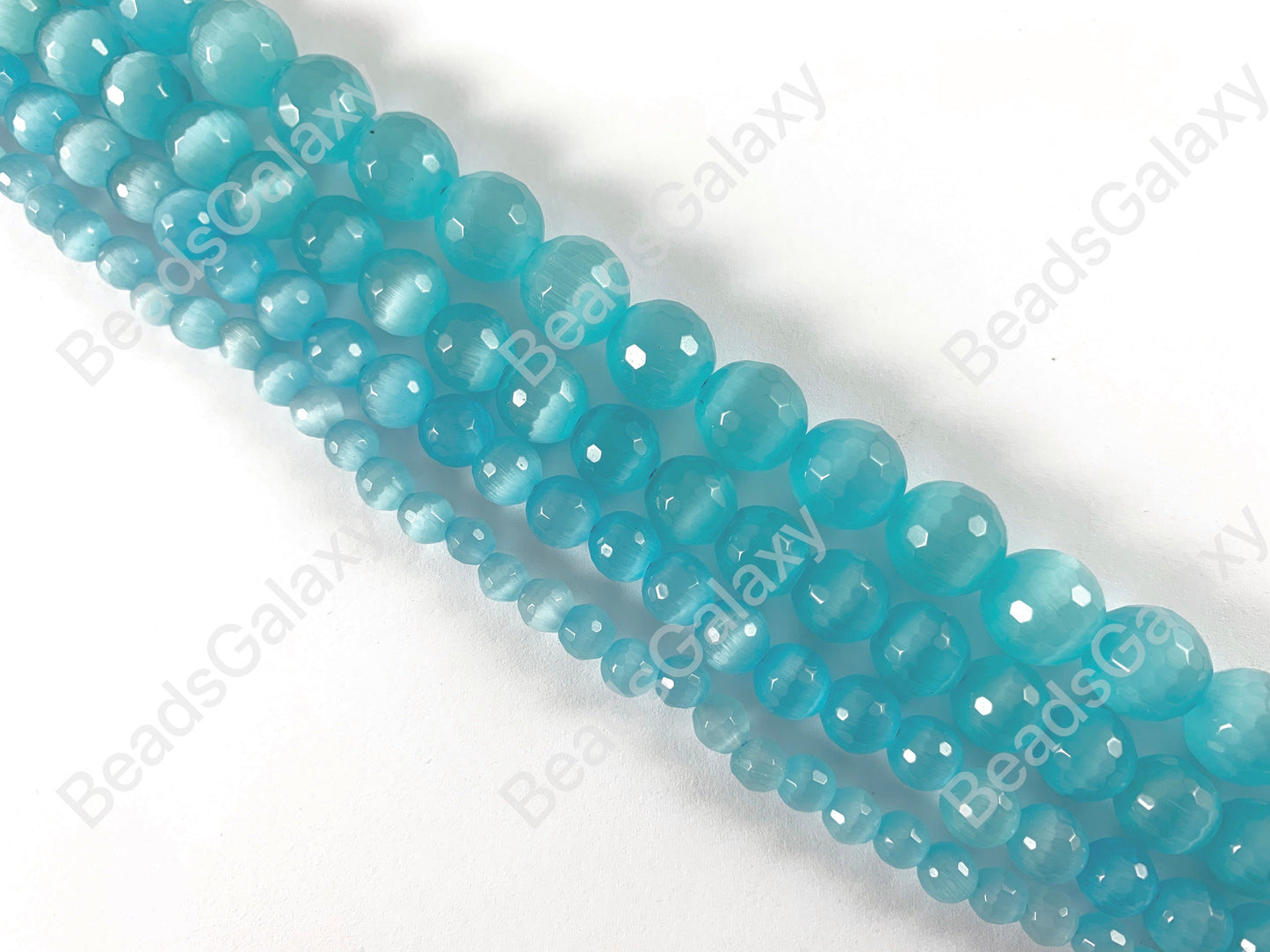 Faceted Round Cat's Eye Dyed Aqua Blue Beads Around 15"