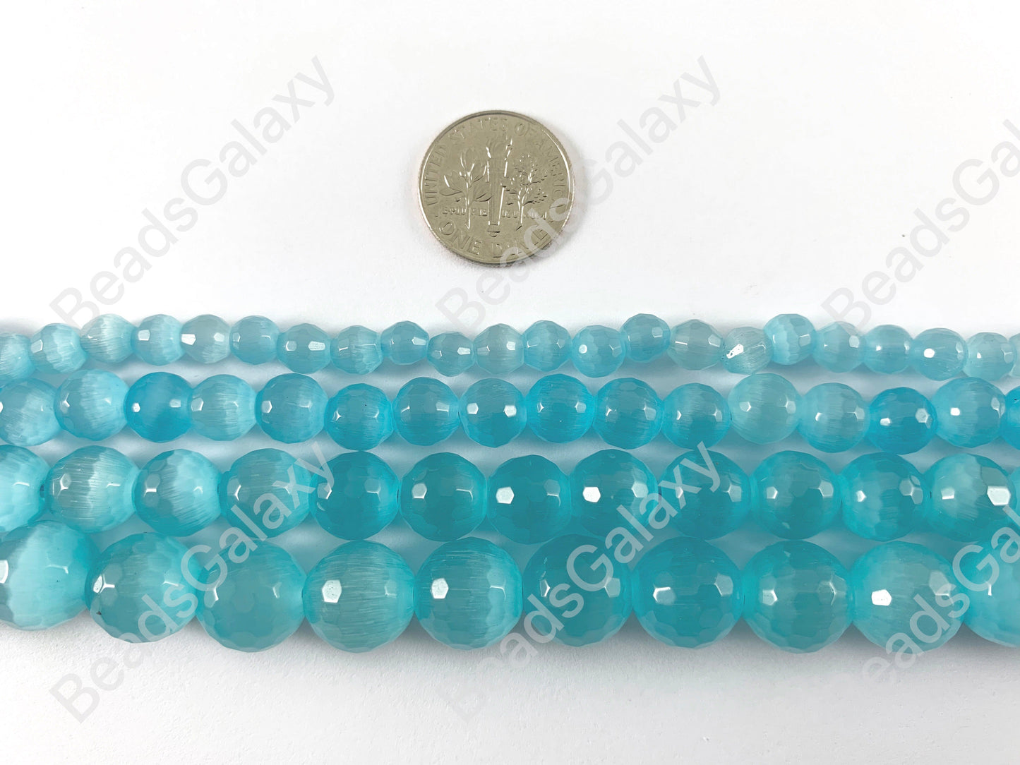 Faceted Round Cat's Eye Dyed Aqua Blue Beads Around 15"