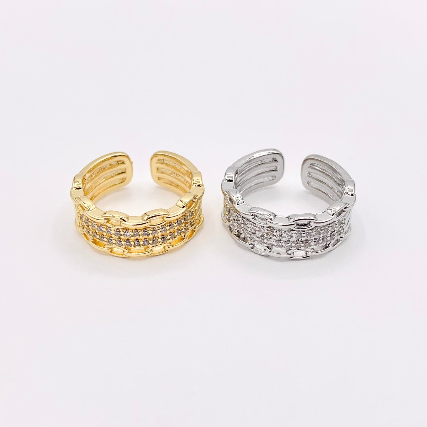 Chic Quadruple Quad Layered CZ Pave Chain Link Rings in 18K gold or Silver Plated Copper 4pcs