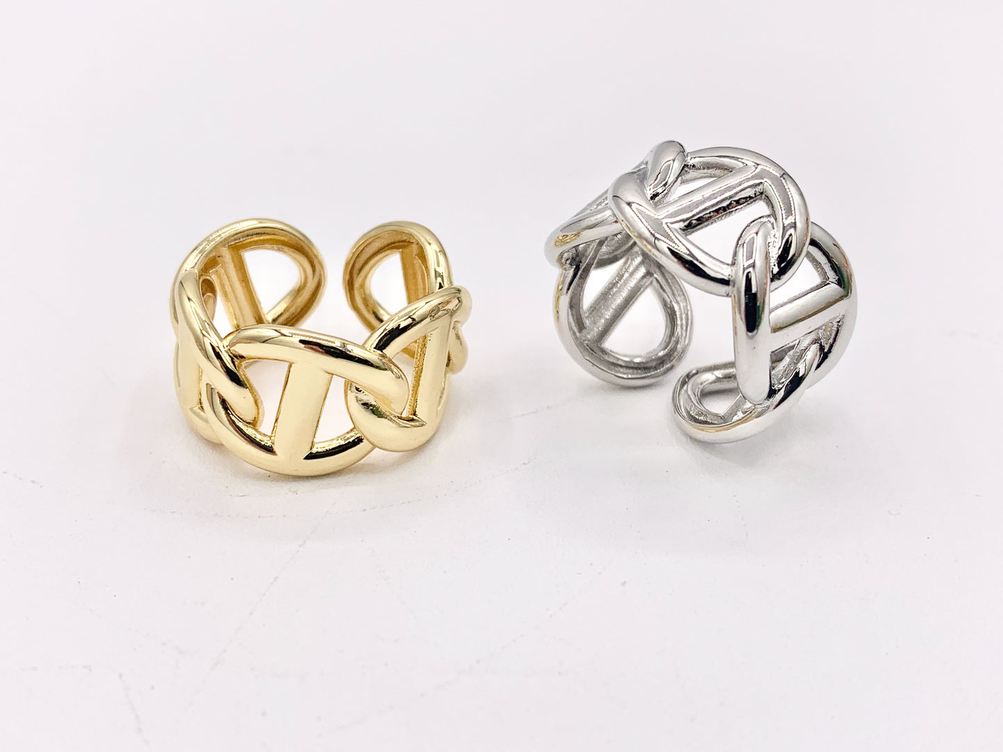 Large Mariner Anchor Link Style Adjustable Rings in 18K Gold/Silver Plated Copper 4 pcs