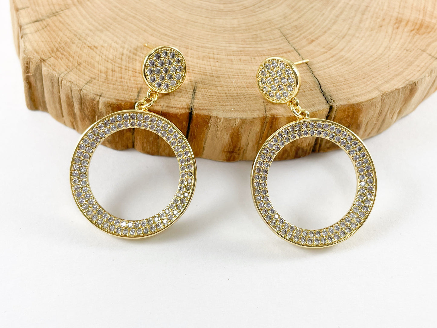 18K Gold/Platinum Plated Micro CZ Pave Dangle Circle Shape Earrings 2pairs