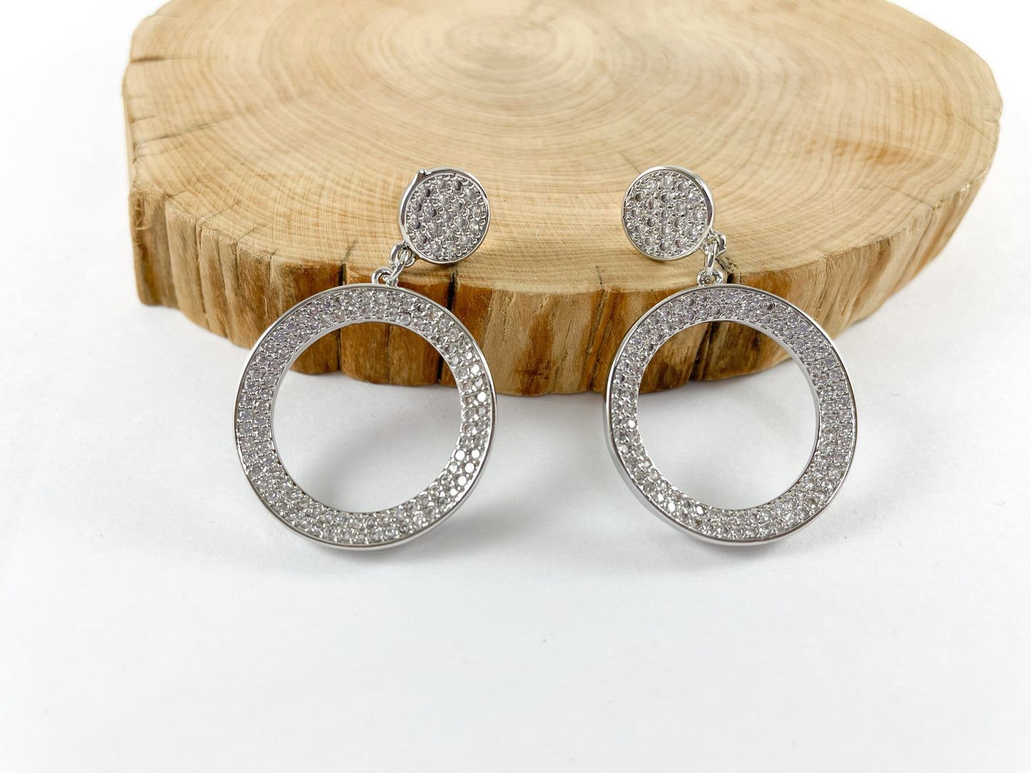 18K Gold/Platinum Plated Micro CZ Pave Dangle Circle Shape Earrings 2pairs