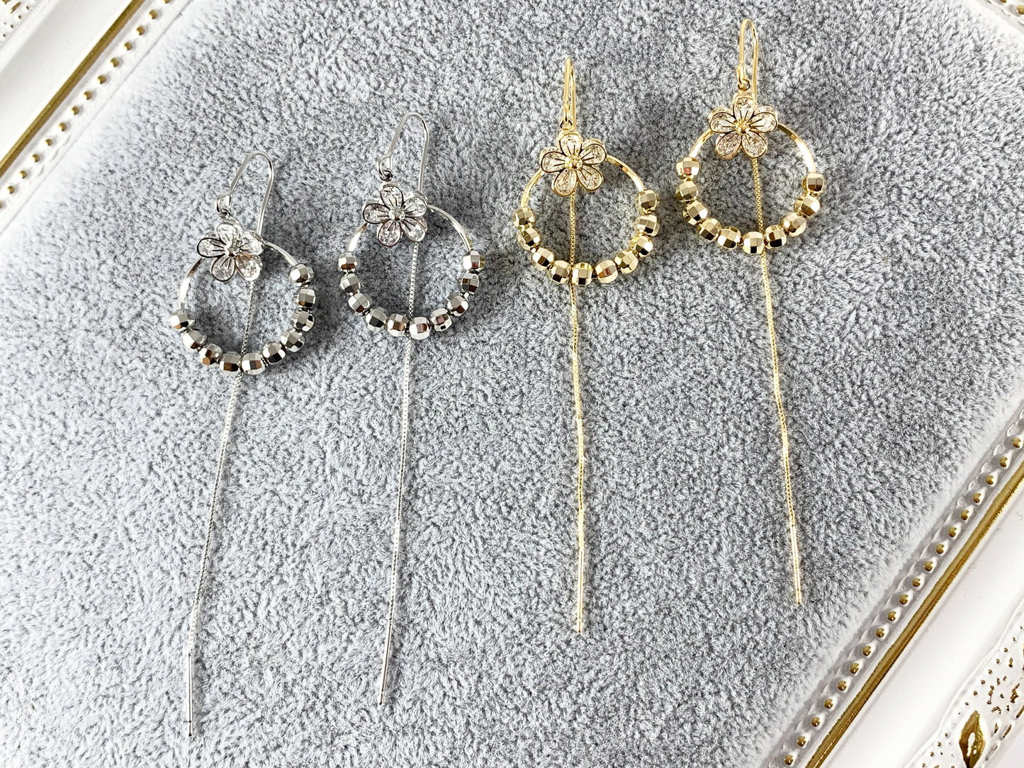 Gold Threader Dainty Tassel Circle Earrings in 18K Gold or Silver plating CZ Pave Daisy Threader Earrings 3 pairs