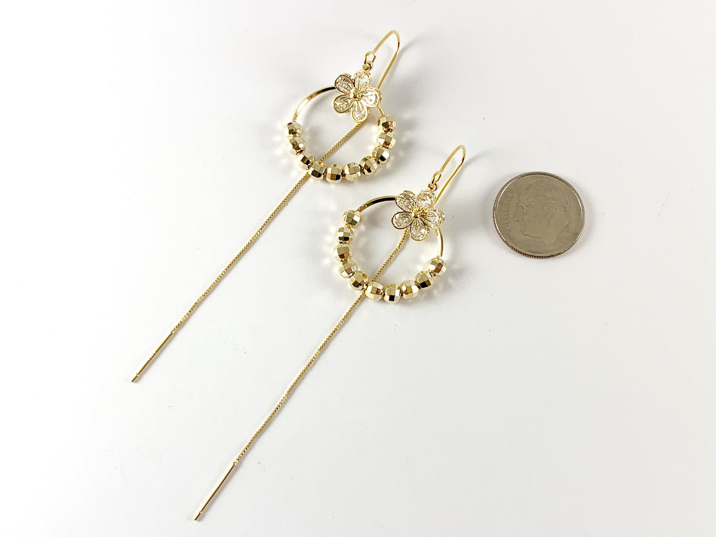 Gold Threader Dainty Tassel Circle Earrings in 18K Gold or Silver plating CZ Pave Daisy Threader Earrings 3 pairs
