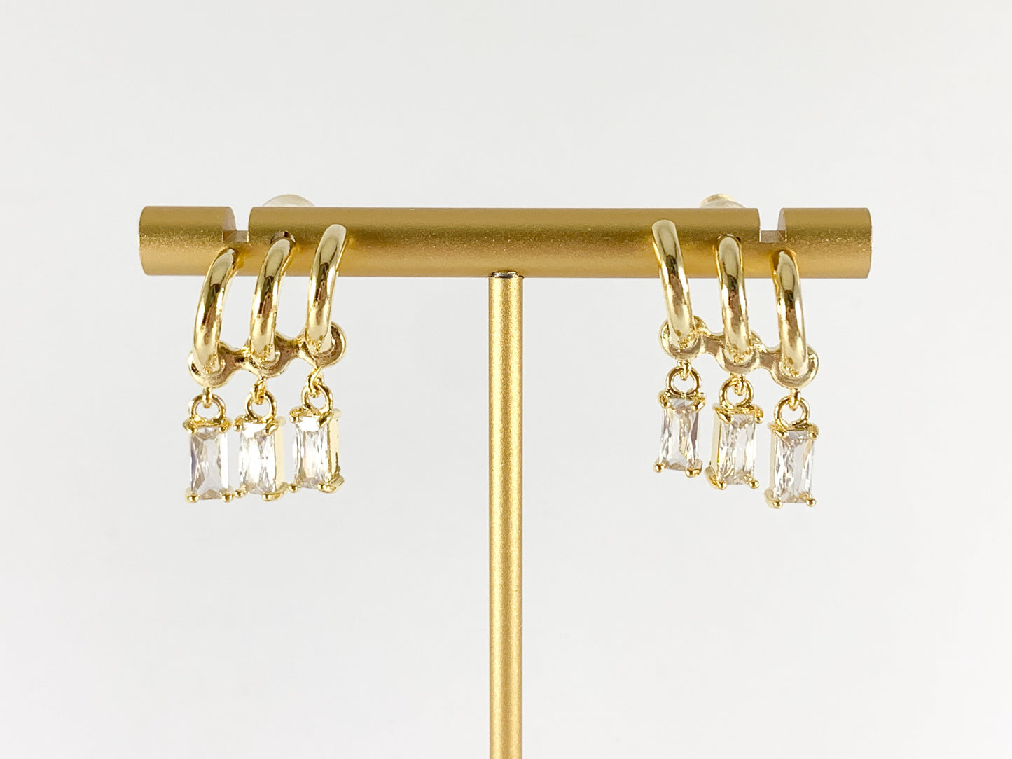 Real 18K Gold or Silver Plated CZ Pave Baguette Dangle Climber Earring Studs Over Copper 3 pairs
