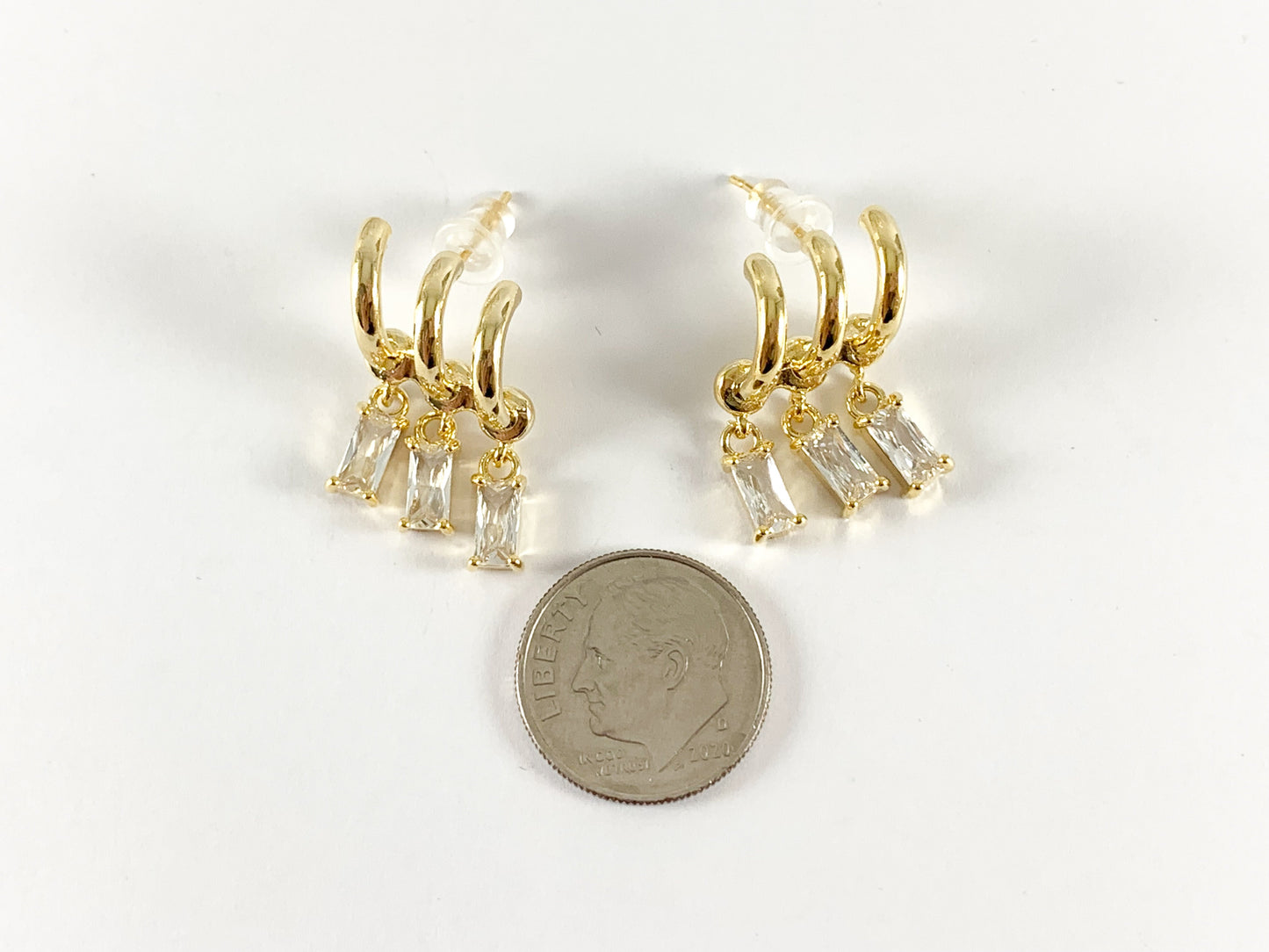 Real 18K Gold or Silver Plated CZ Pave Baguette Dangle Climber Earring Studs Over Copper 3 pairs