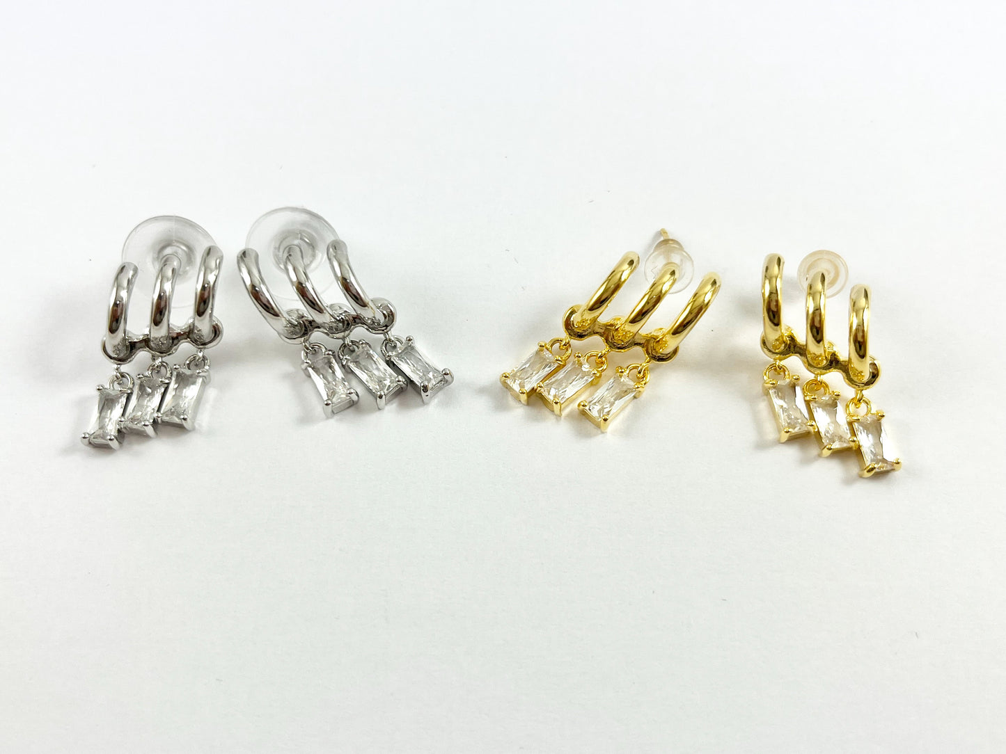 Real 18K Gold or Silver Plated CZ Pave Baguette Dangle Climber Earring Studs Over Copper 3 pairs