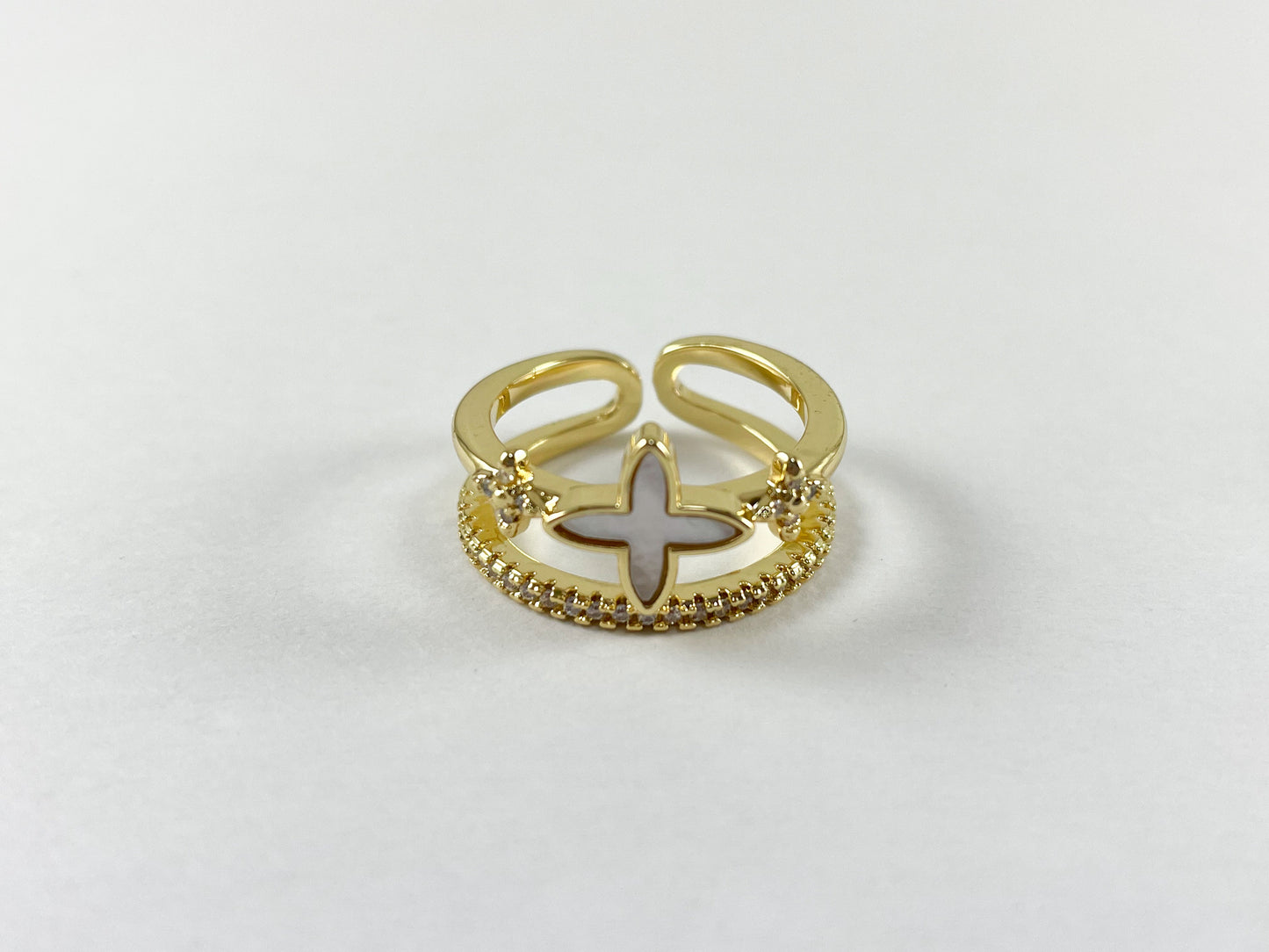 18K Gold and Platinum Plated Double Banded CZ Pave White Shell Clover Adjustable Ring 4pcs