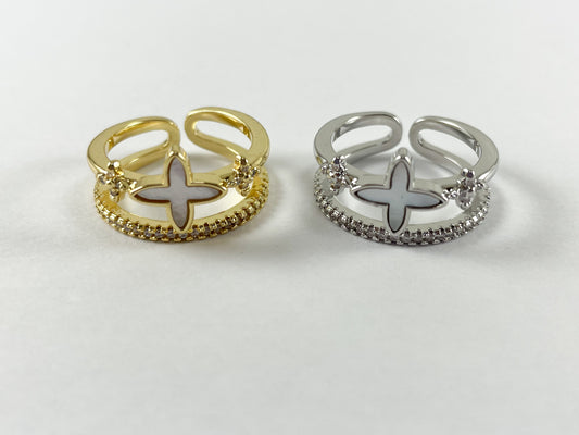 18K Gold and Platinum Plated Double Banded CZ Pave White Shell Clover Adjustable Ring 4pcs