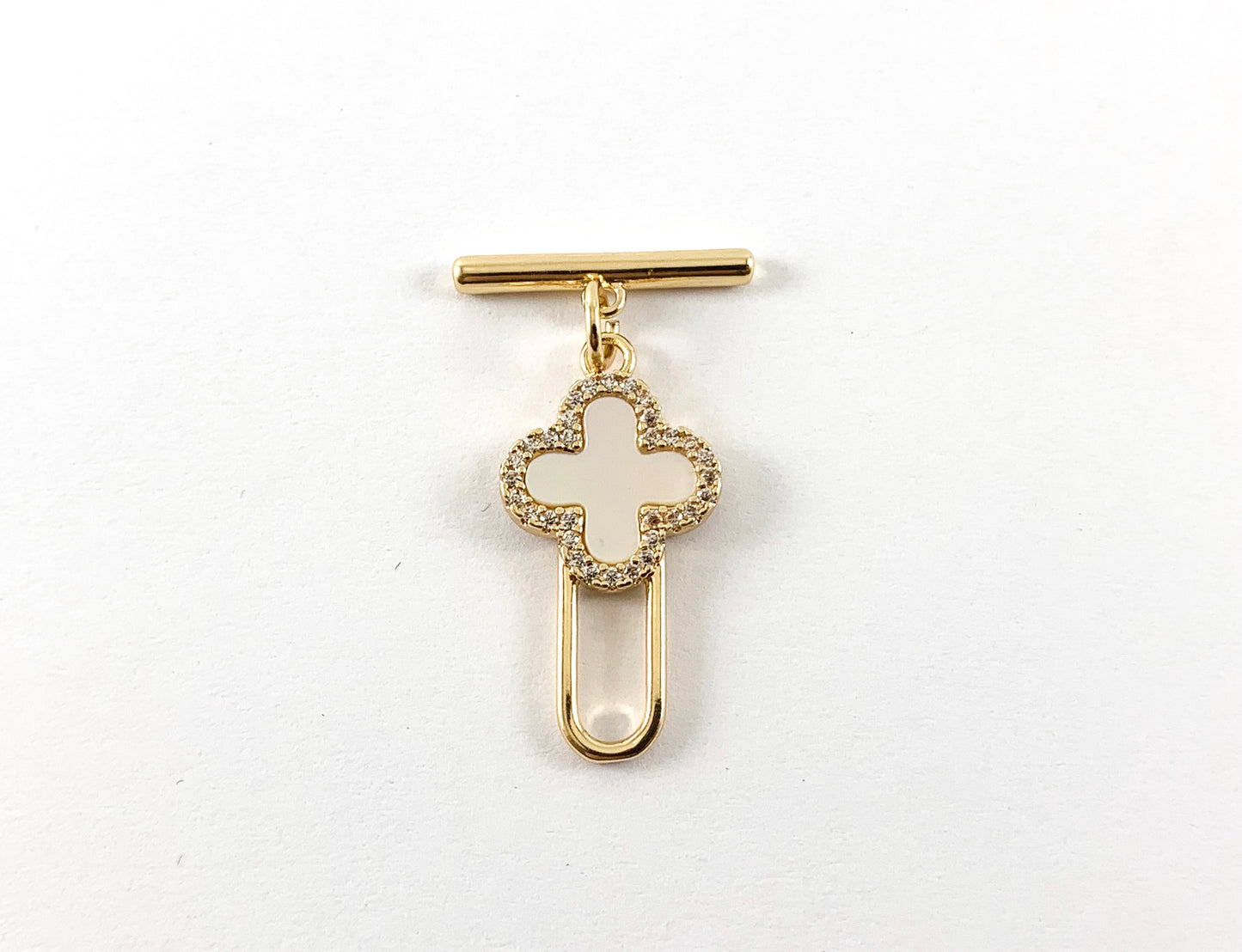 18K Gold Plated CZ Pave Clover White Lip Shell Toggle Component 6pcs